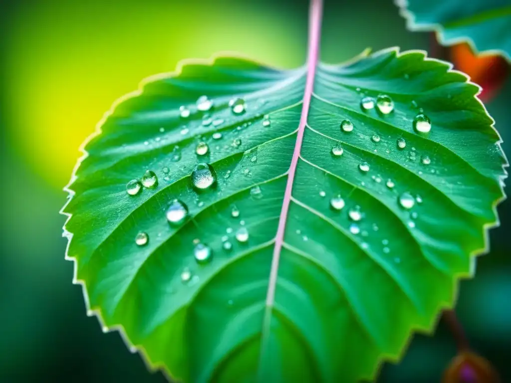 Detalle de hoja verde con rocío al amanecer, simbolizando retiros de bienestar sostenibles