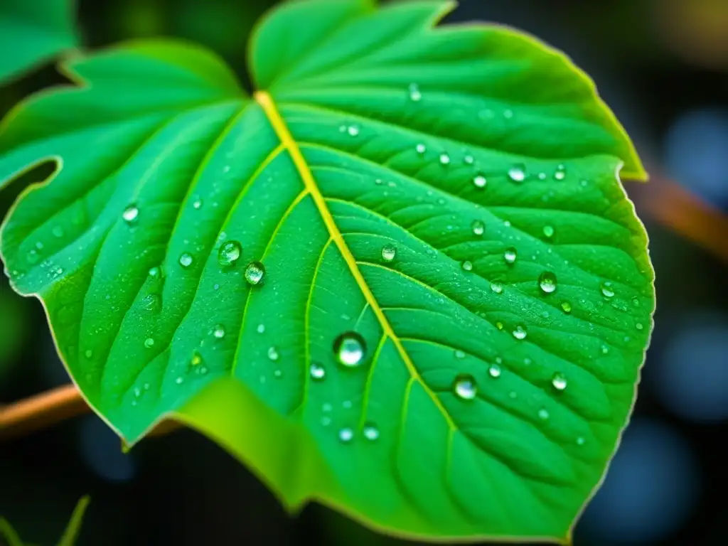 Detalle de una hoja verde con venas y gotas de agua, simbolizando la naturaleza y la resiliencia en Invertir en Fondos Sostenibles ESG