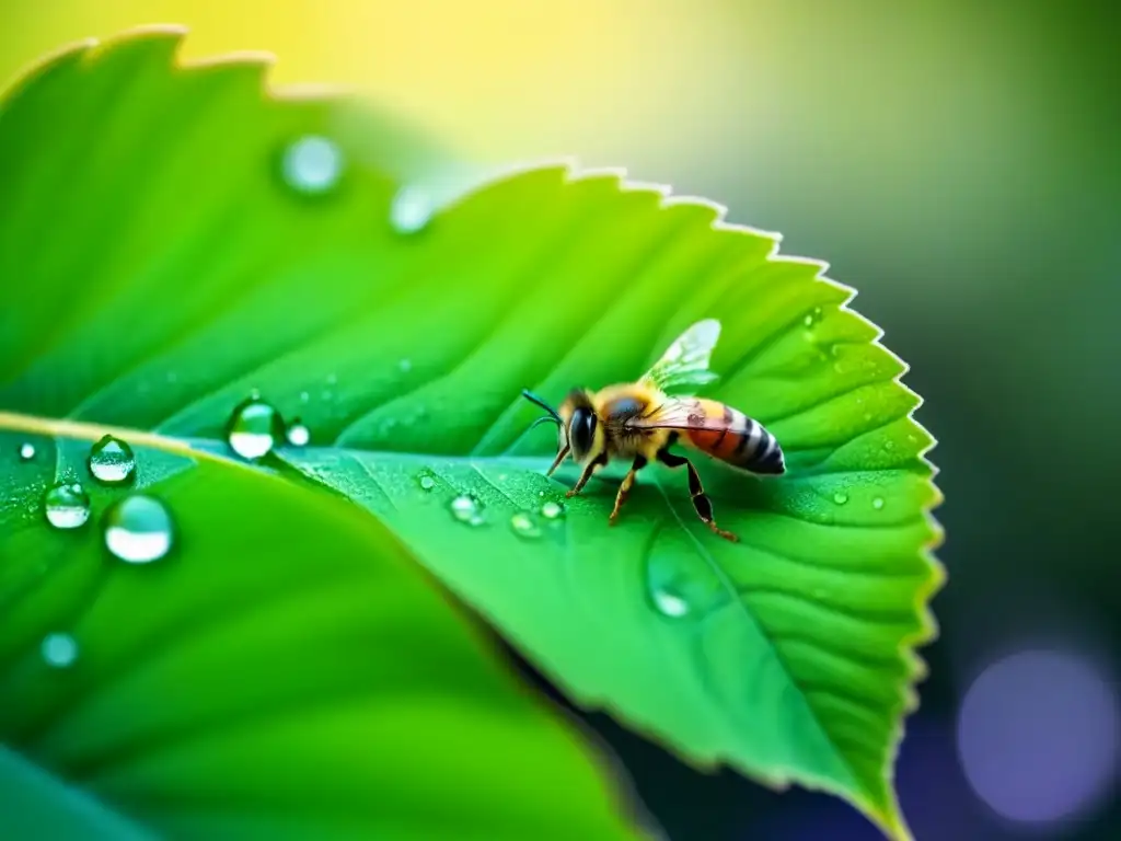 Detalle de una hoja verde vibrante con patrones de venas y gotas de agua, en un jardín soleado con flores y abejas