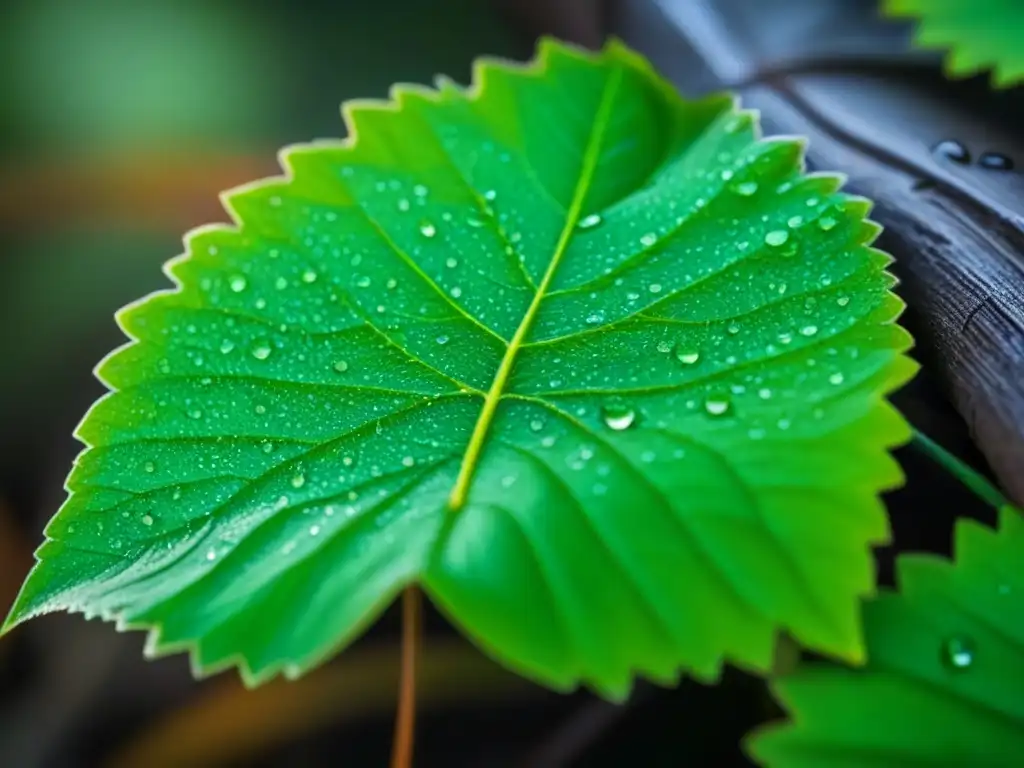 Detalle de una hoja verde vibrante con gotas de agua, iluminada naturalmente