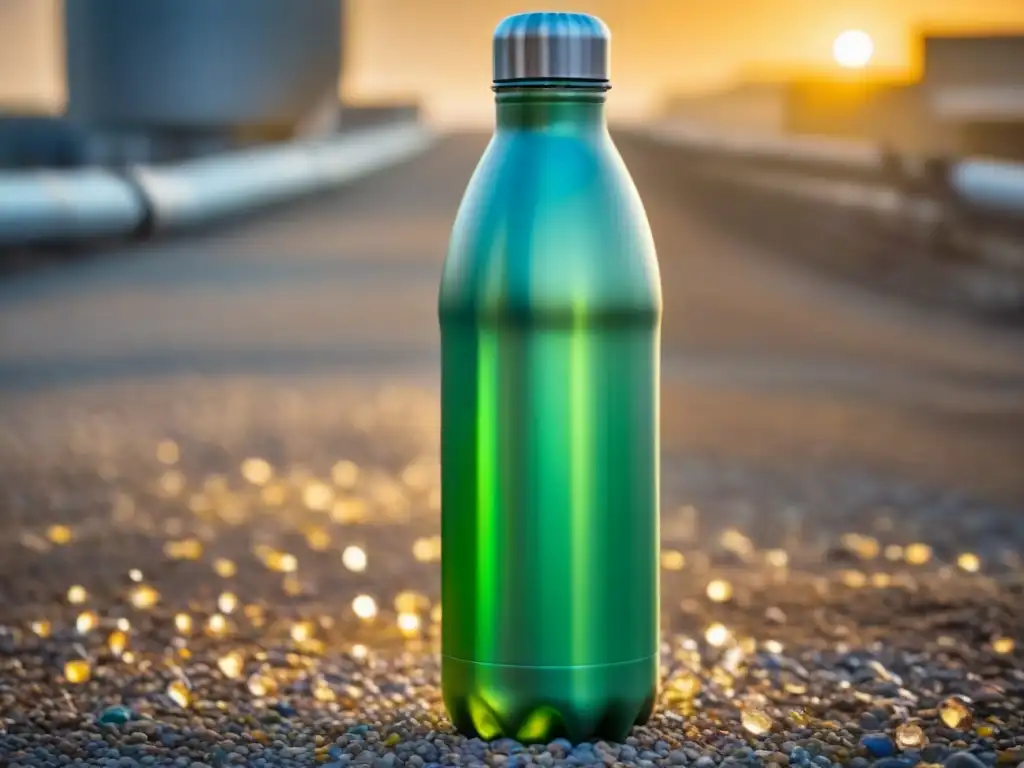 Detalle impactante de botella plástica triturada en planta de reciclaje, con tonos suaves y conciencia ambiental