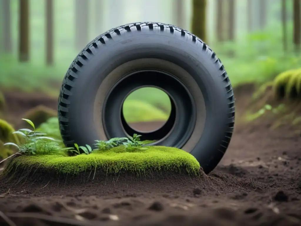 Detalle impactante: neumático abandonado en bosque verde, naturaleza reclamando su espacio