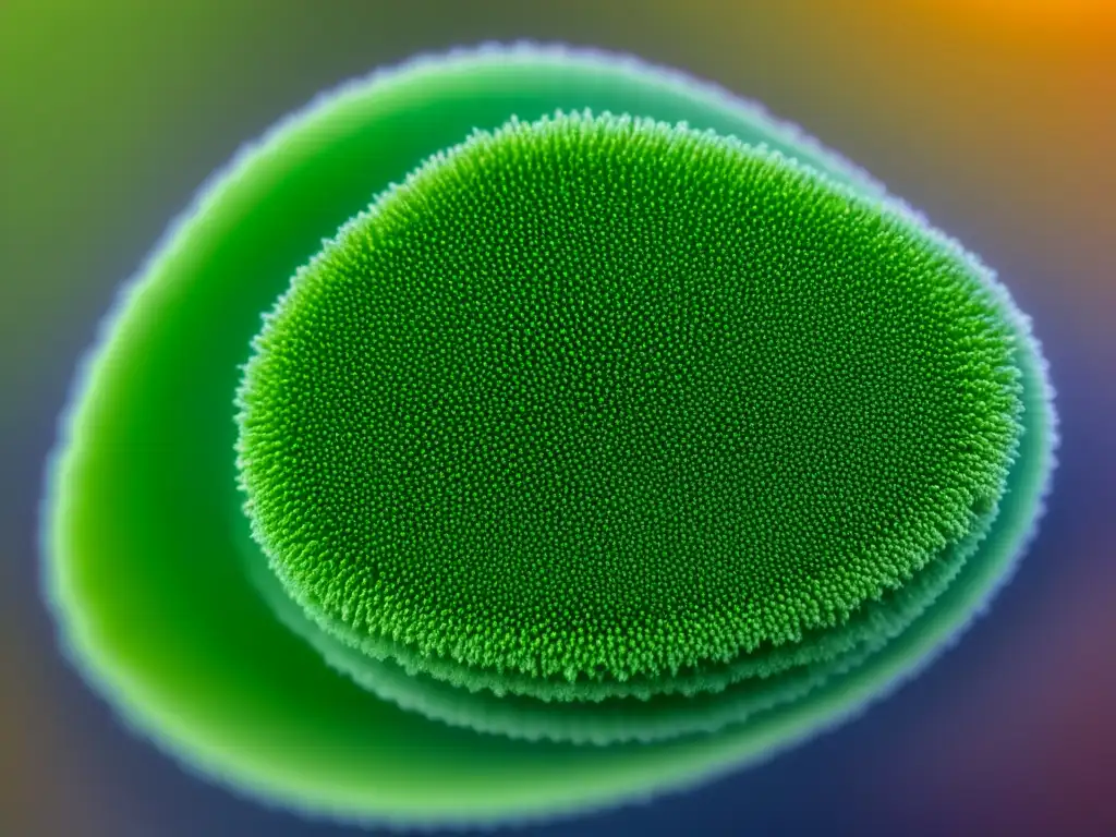 Detalle impresionante de una célula de microalga verde bajo microscopio, resaltando beneficios de las microalgas sostenibles