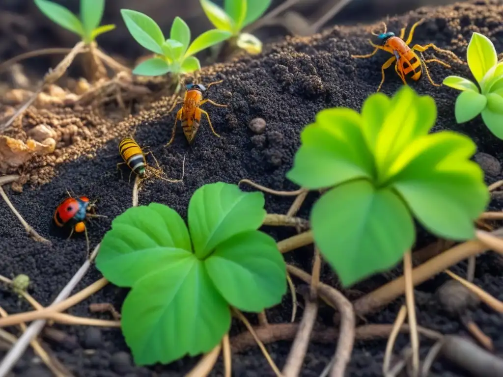 Detalle impresionante de un ecosistema vibrante en descomposición, resaltando la biodiversidad y el Zero Waste