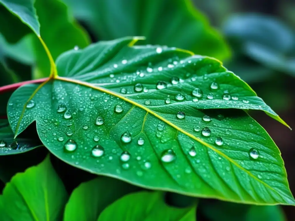 Detalle impresionante de una hoja verde con gotas de agua, simbolizando frescura y sostenibilidad en productos belleza sostenibles rutina