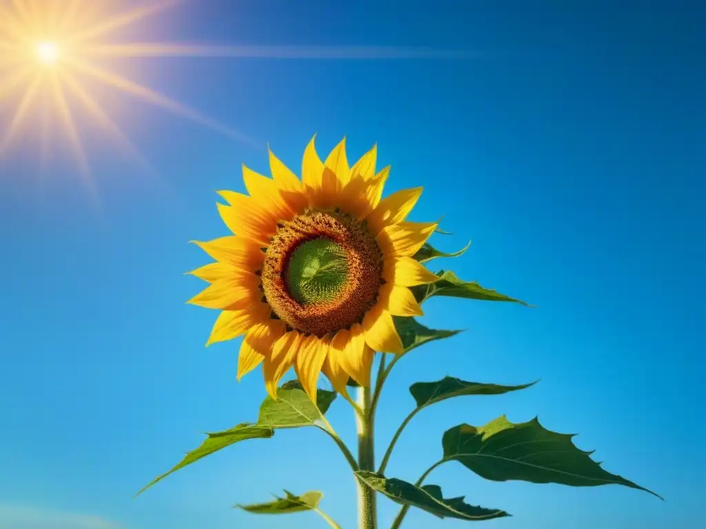 Detalle increíble de girasol vibrante bajo cielo azul, destacando la agricultura sostenible vs convencional