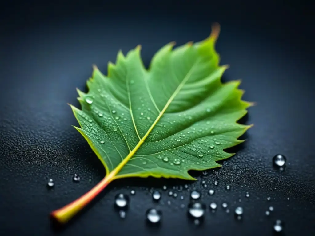 Un detalle majestuoso: una hoja delicada con gotas de agua, reflejando luz suave