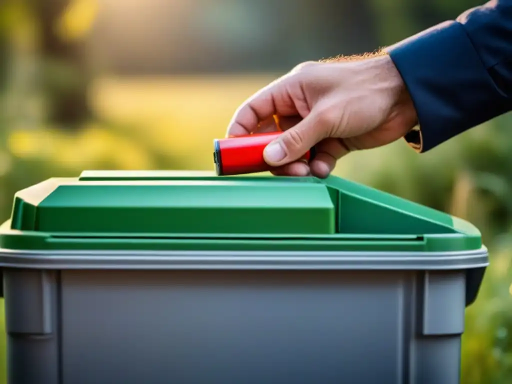 Detalle de una mano depositando una batería usada en un contenedor de reciclaje, destacando los beneficios de reciclar baterías usadas