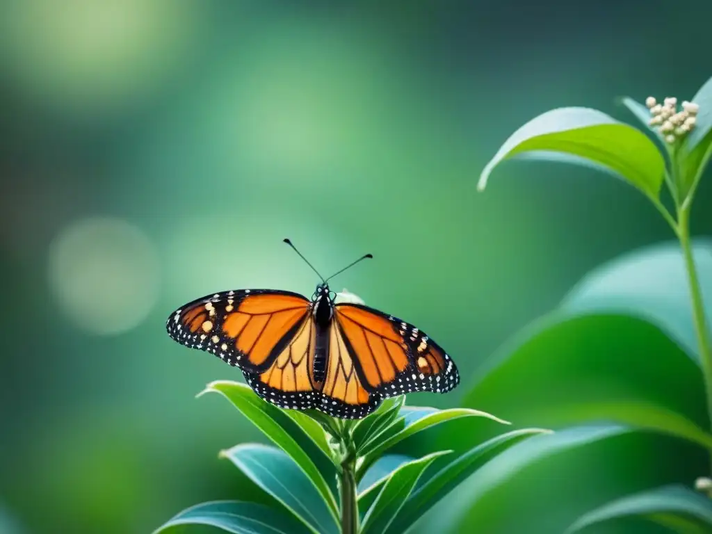 Detalle de mariposa Monarca en planta, resaltando patrones en alas