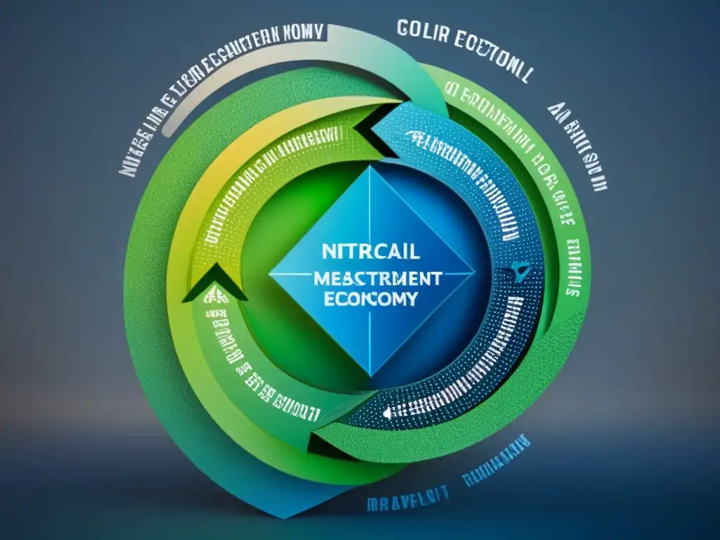 Detalle meticuloso de red de flechas circulares interconectadas, simbolizando medición impacto políticas economía circular