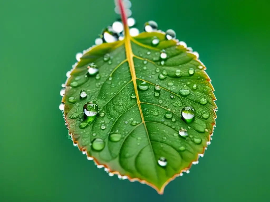 Detalle minucioso de una hoja verde con gotas de agua, símbolo de inversión en energía renovable