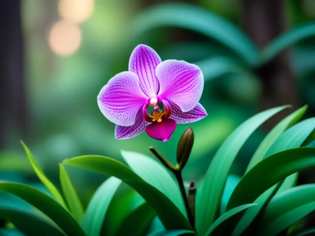 Detalle de orquídea rara en hábitat natural, resaltando la belleza y fragilidad de especies en peligro