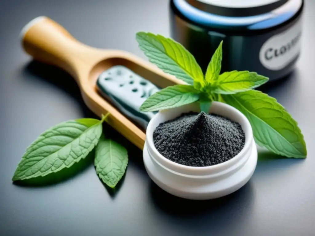 Detalle de pasta dental ecológica casera en cepillo de bambú con hojas de menta fresca y tarro de vidrio al fondo