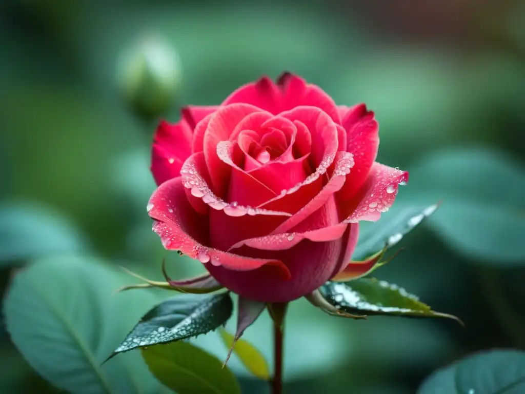 Detalle de un pétalo de rosa con gotas de agua y venas delicadas, resaltando la pureza de ingredientes eco en maquillaje ecológico marcas