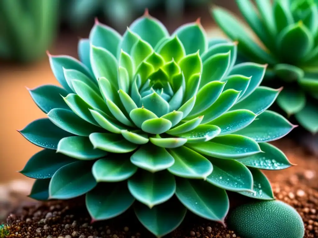 Detalle de suculenta verde con gotas de agua, reflejando la belleza natural para retiros de bienestar sostenibles