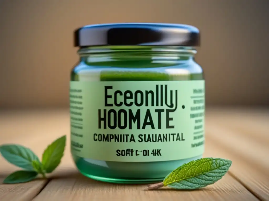Detalle de tarro con receta pasta dientes ecológica casera de bicarbonato y aceite de menta, sostenibilidad en verde suave