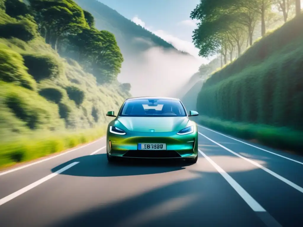 Detalles regenerativos: coche eléctrico en acción Detalle de tecnología regenerativa en frenos vehículos: auto eléctrico en camino rodeado de árboles verdes, sistema de frenado en acción
