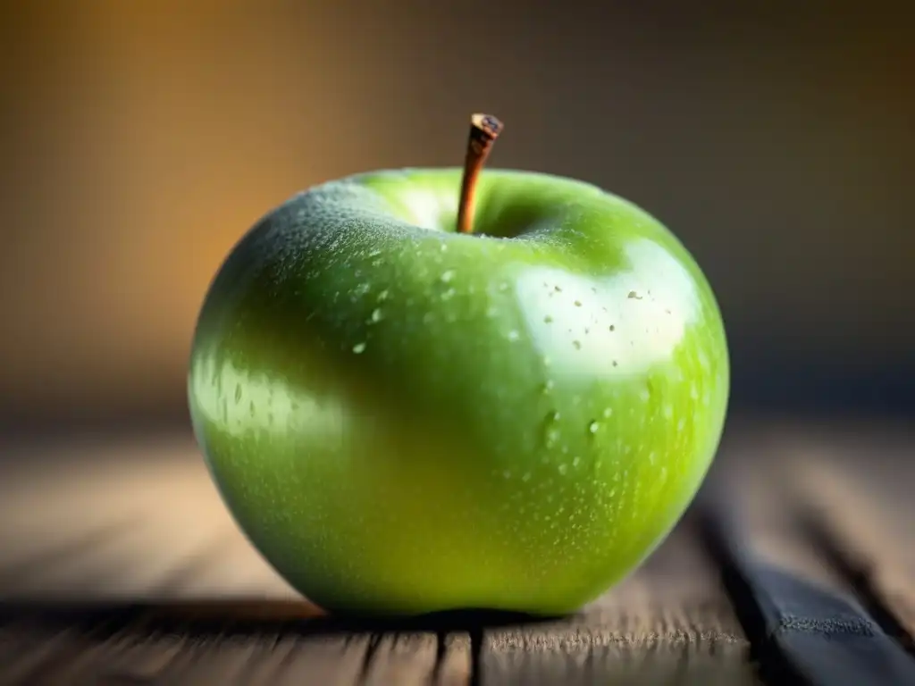 Detalle ultradetallado de una manzana verde fresca cortada por la mitad, mostrando colores vibrantes y textura detallada