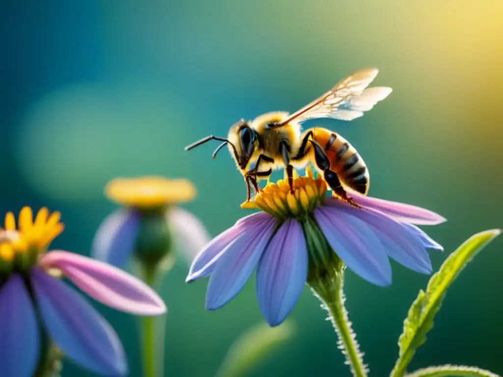 Detalle vibrante: campo salvaje de flores coloridas con abeja en vuelo