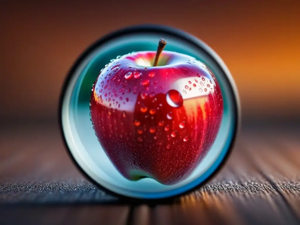 Detalle vívido de una manzana roja bajo lupa, resaltando su textura y gotas de agua