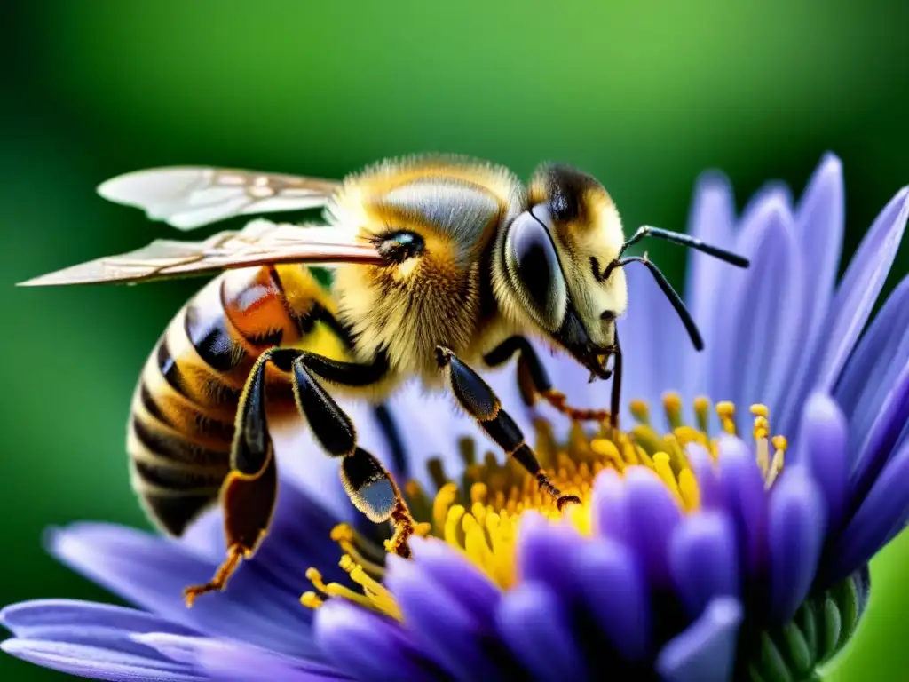 Detalles de una abeja recolectando polen de una flor morada, destacando la importancia polinización abejas nutrición humana