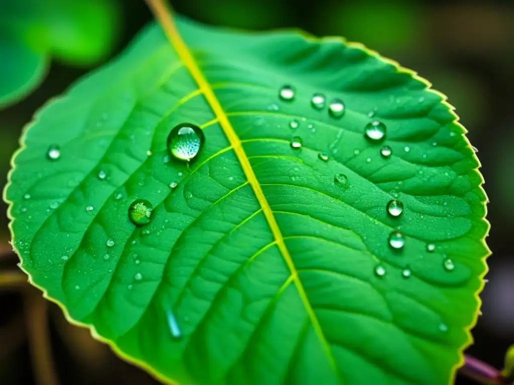 Detalles asombrosos de una hoja verde vibrante con gotas de agua, iluminada suavemente