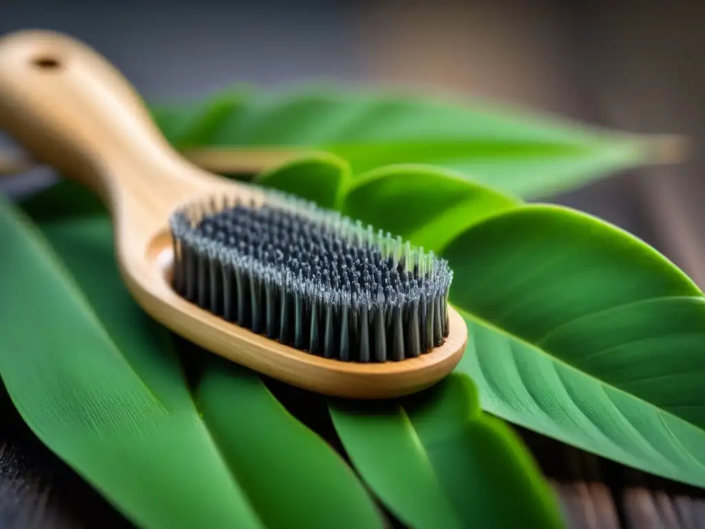 Detalles de un cepillo de dientes de bambú con cerdas de carbón sobre hojas de té verde, alternativas higiene bucal ecológicas