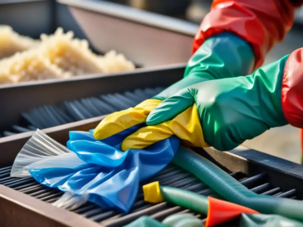 Detalles coloridos de plástico reciclado en manos de trabajador en planta de reciclaje