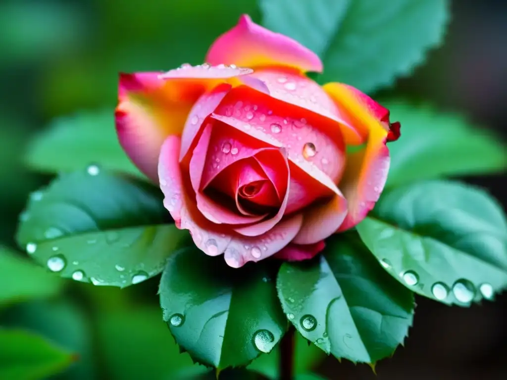 Detalles cristalinos de un pétalo de rosa cubierto de rocío, reflejando la luz entre exuberante follaje verde