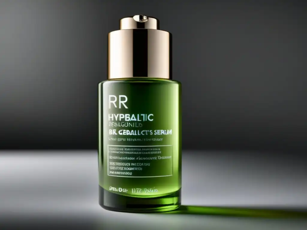 Detalles de un envase de cosmético transparente con suero probiótico, diseño moderno y elegante