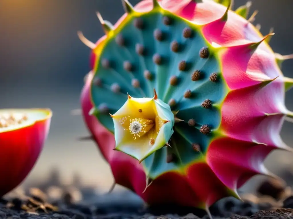 Detalles del exótico fruto de la tuna roja, con semillas brillantes al sol