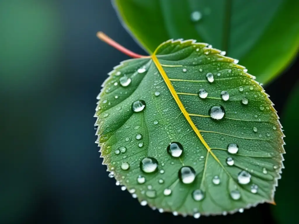 Detalles fascinantes en una hoja cubierta de gotas de agua, en un estilo minimalista