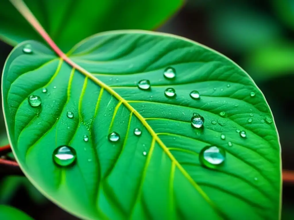 Detalles fascinantes de una hoja verde con gotas de agua, simbolizando armonía con la naturaleza en hoteles ecológicos sostenibles para turismo