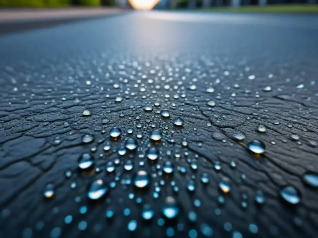 Detalles de gotas de lluvia en pavimento permeable, reflejando el entorno urbano