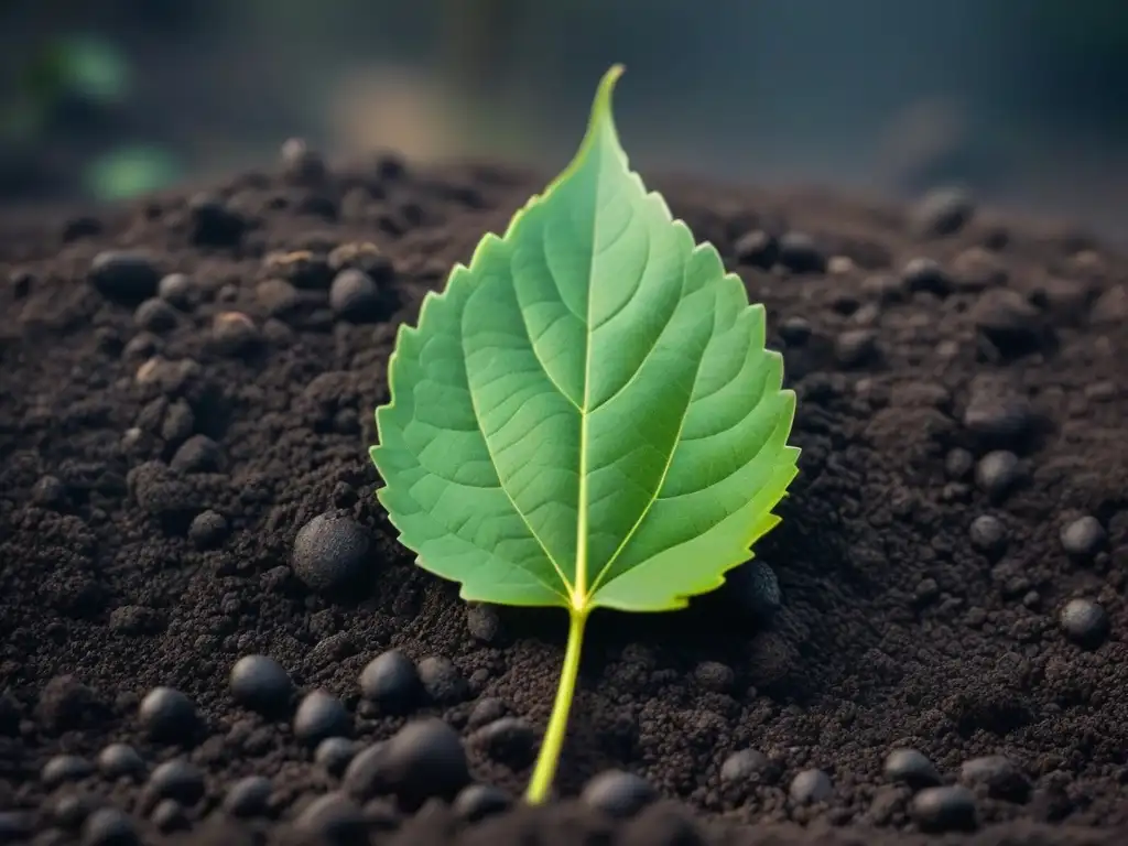 Detalles de una hoja verde sobre tierra oscura, reflejando la belleza de la naturaleza y el estilo de vida sostenible zero waste