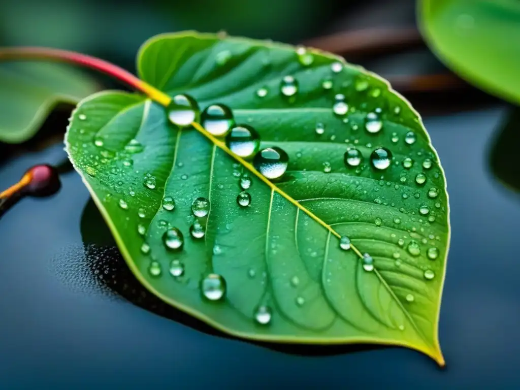 Detalles increíbles de una hoja verde cubierta de gotas de agua, reflejando la luz