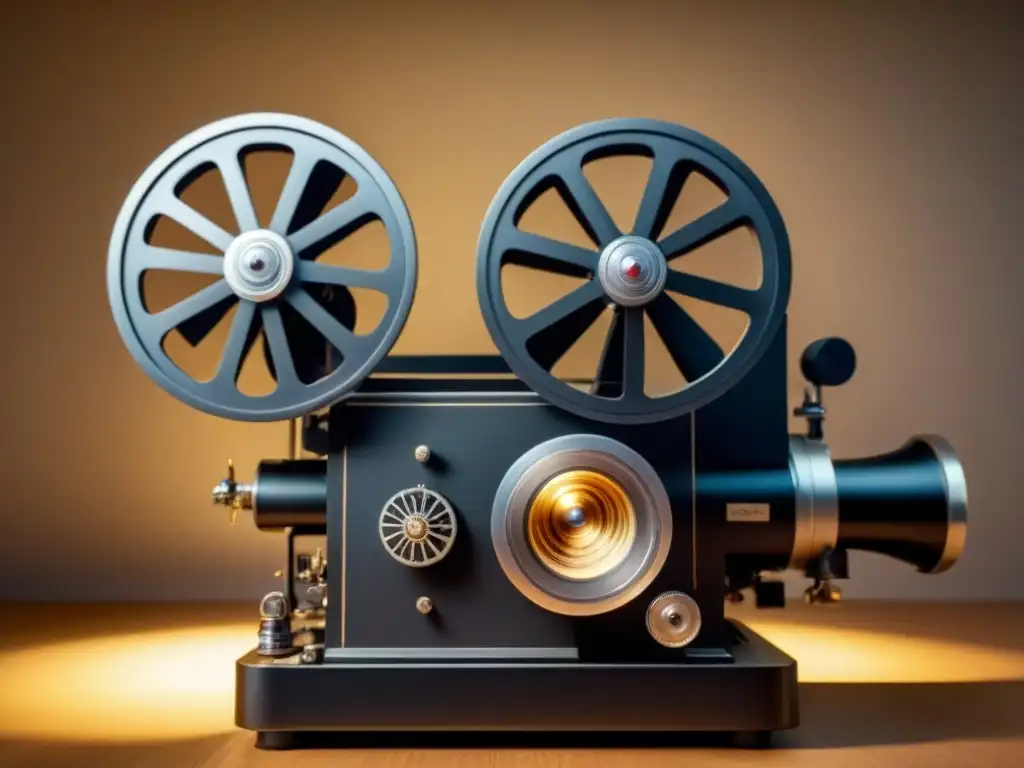 Detalles intrincados de un proyector de cine vintage iluminado con calidez