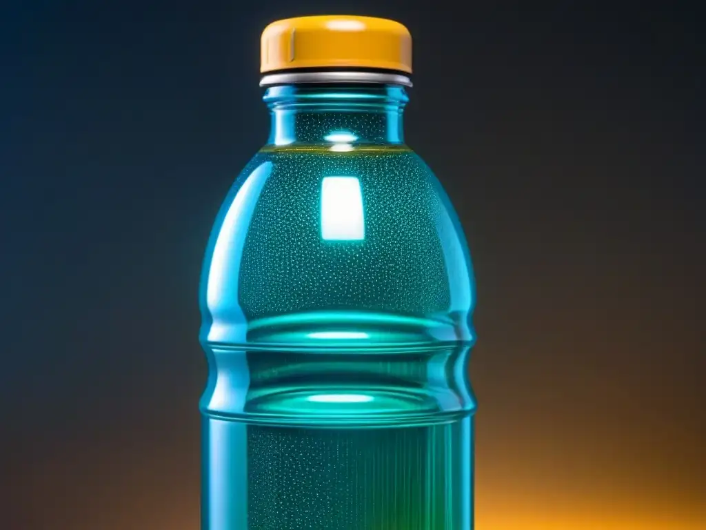 Detalles microscópicos de una botella plástica transparente bajo intensa iluminación, revelando riesgos químicos en su superficie