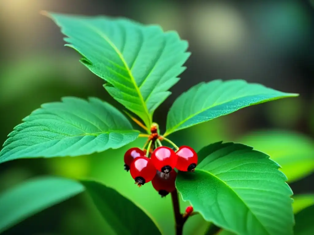 Detalles de planta verde con bayas rojas, reflejo de la belleza natural de bálsamos labiales ecológicos sostenibles