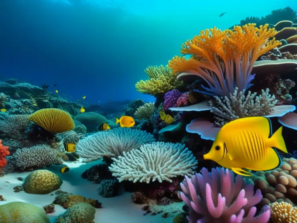 Detalles vibrantes de un arrecife de coral lleno de vida marina, enfocando la conservación de especies marinas estilo sostenible