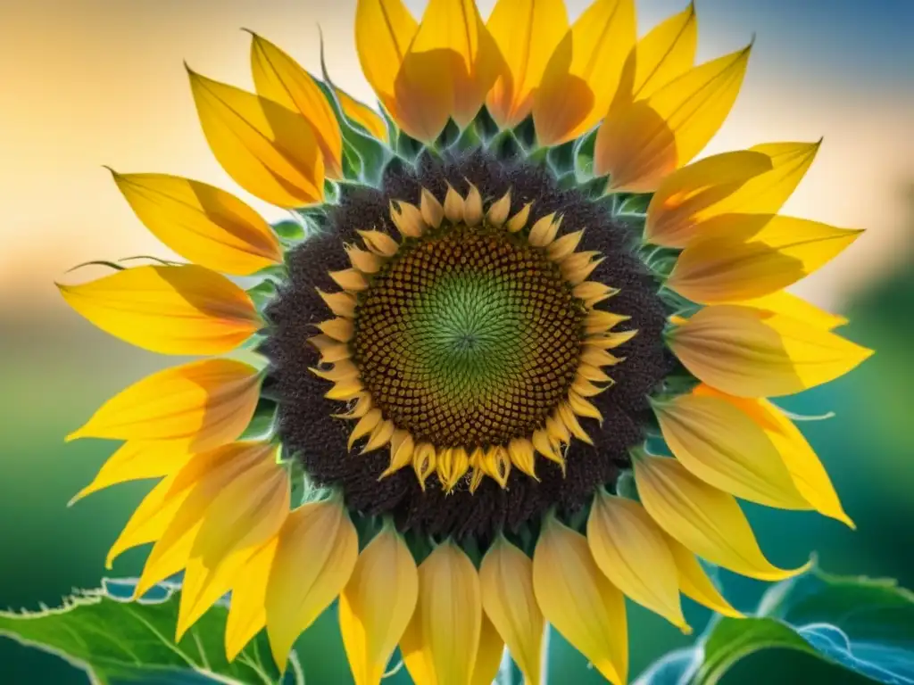 Detalles vibrantes de un girasol en flor, protegiendo a los polinizadores con una estética minimalista