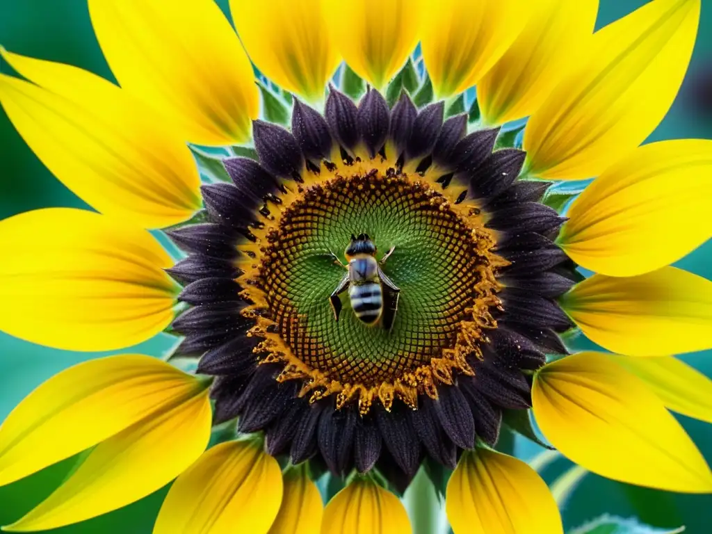 Detalles vibrantes de un girasol en flor con una abeja recolectando polen