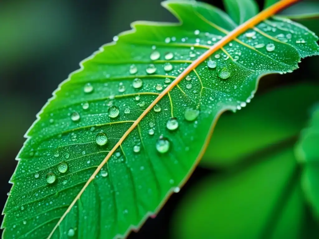 Detalles vívidos de una hoja verde cubierta de gotas de agua, reflejando la luz