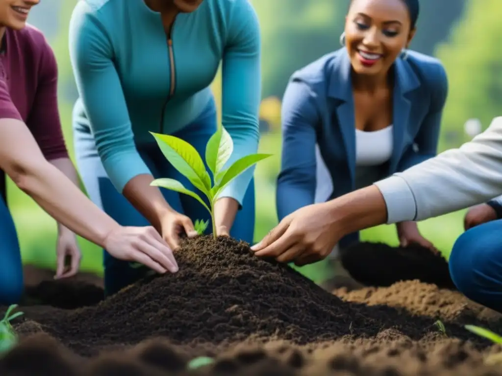 Un día soleado en el parque: niños y adultos plantan árboles juntos, transmitiendo alegría y trabajo en equipo