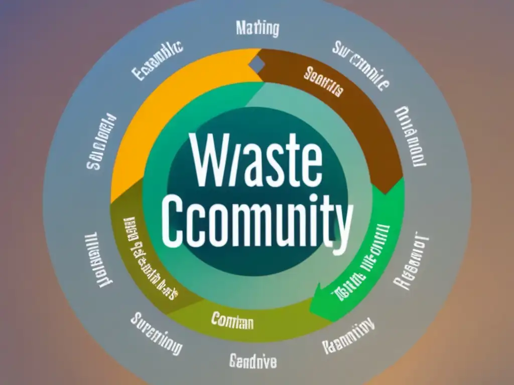 Diagrama circular de comunidad sostenible: gestión de residuos, conservación de recursos, energía renovable y participación comunitaria