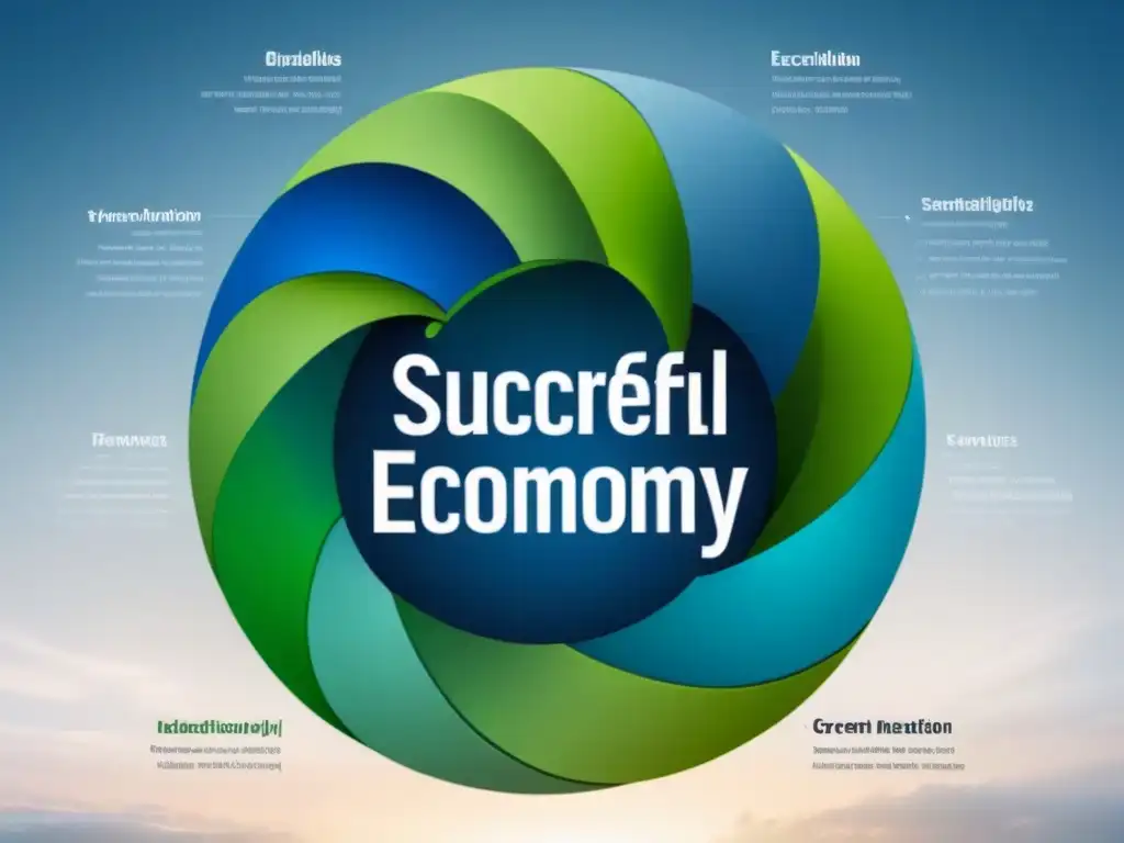 Un diagrama circular simétrico en tonos verdes y azules que representa la exitosa implementación de una economía circular sostenible