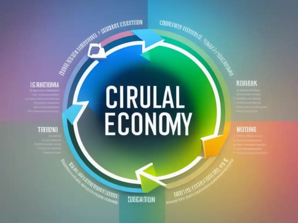 Diagrama detallado de economía circular con iconos de educación, políticas y sostenibilidad en colores vibrantes y armoniosos