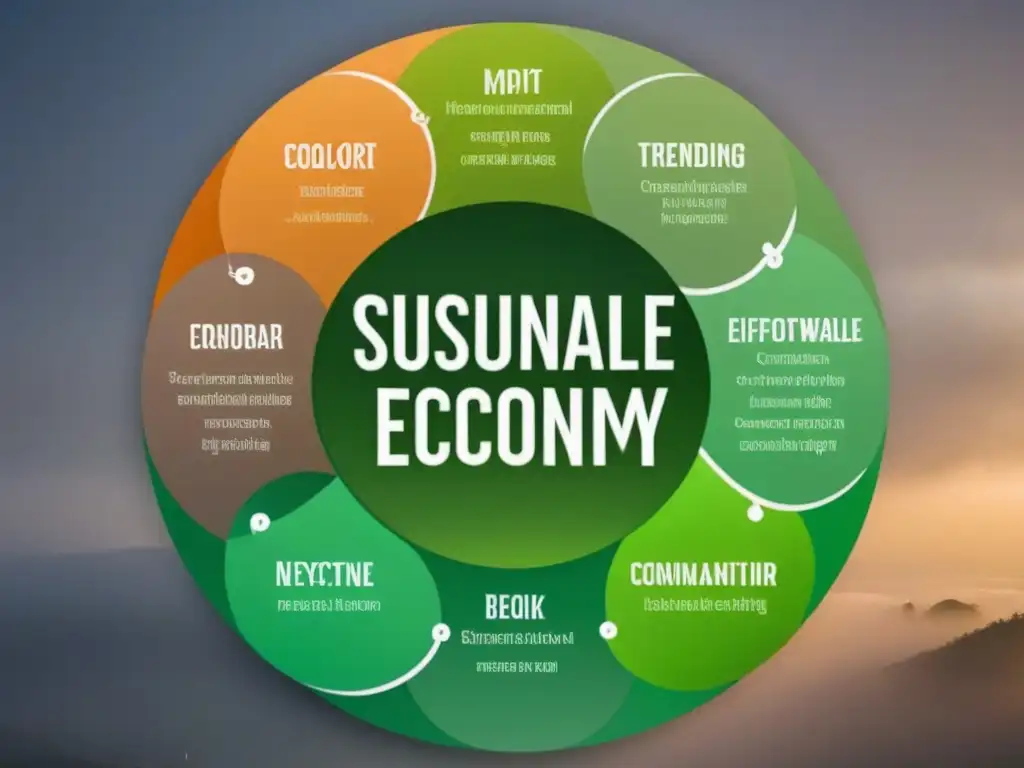 Diagrama detallado de economía circular con marketing productos sostenibles y impacto ambiental en tonos verdes y terrosos