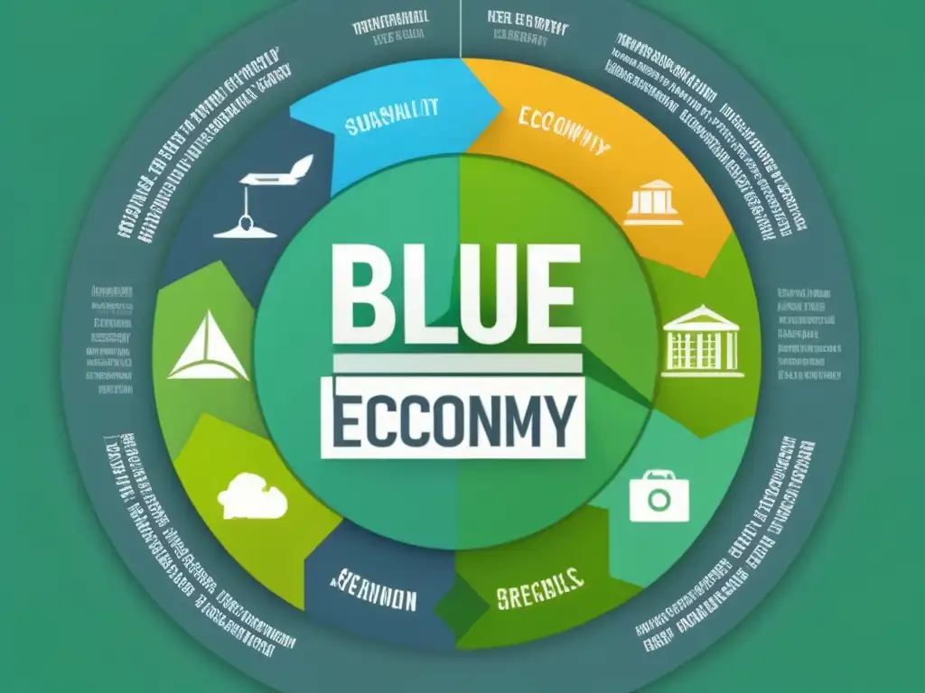 Un diagrama detallado de economía circular sostenible con iconos de industrias y sectores, en tonos verdes, azules y grises