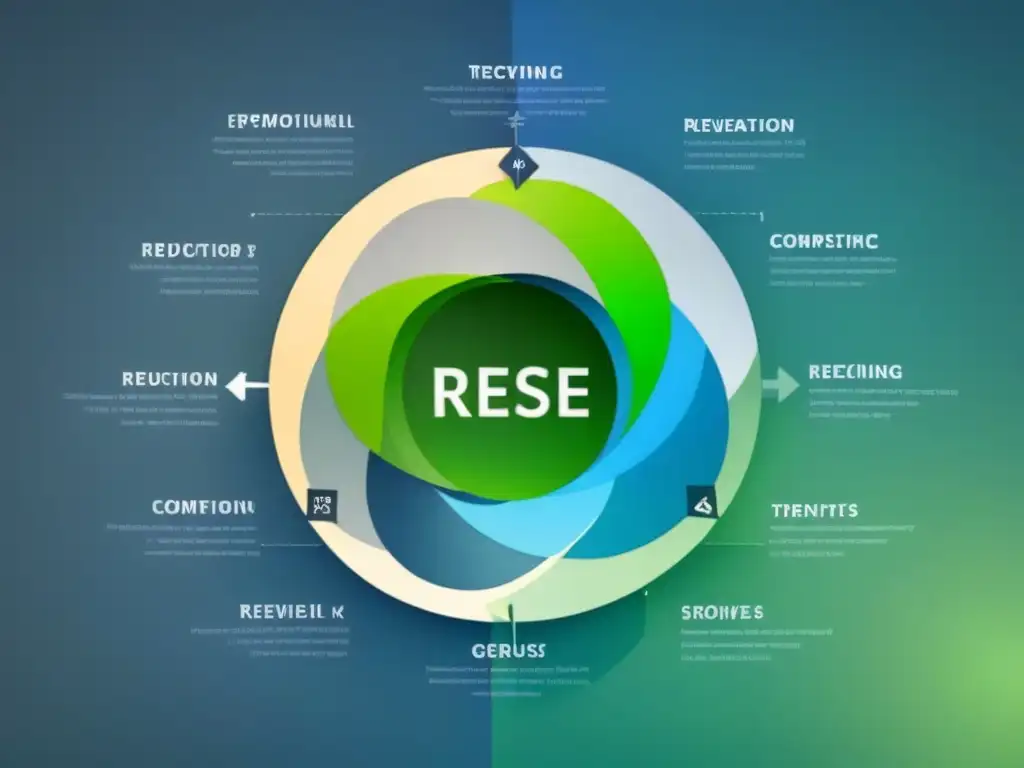 Un diagrama de economía circular con beneficios políticas residuo cero, en tonos verdes, azules y grises